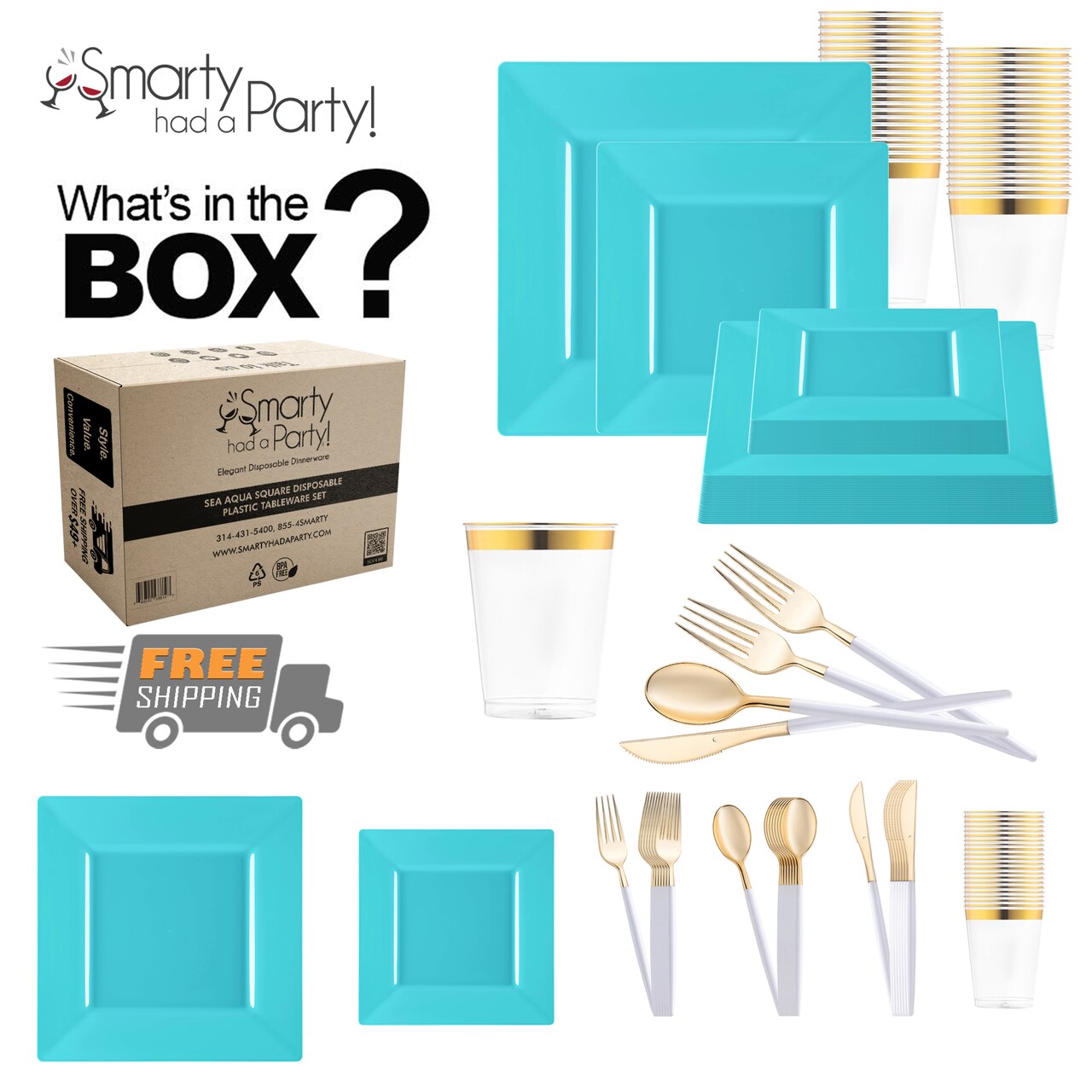 Sea Aqua Square Disposable Plastic Tableware Set (120 Settings)